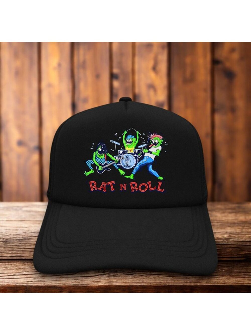 Rat Fink Rat 'N Roll Mens Trucker Hat Black Ed Big Daddy Roth Snapback Mesh Cap
